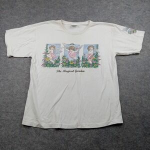 The Magical Garden‎ Shirt Mens Large White Angel Graphic Cupid Garden Floral Tee